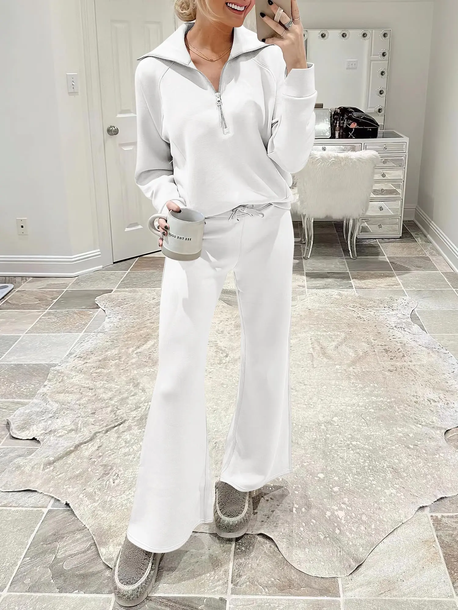 ANRABESS Women 2 Piece Outfits Sweatsuit Set 2026 Fall Oversized Half Zip Sweatshirt Wide Leg Sweatpant Lounge Set Tracksuit