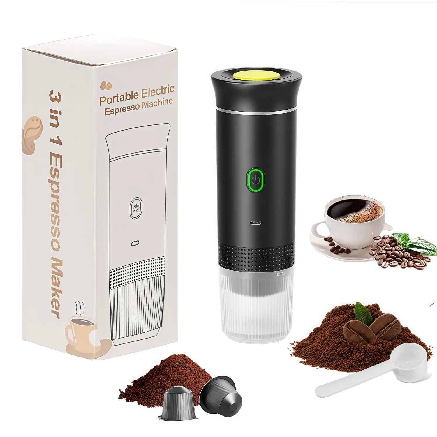 Portable Electric Espresso Machine - 3 in 1 USB Rechargeable Coffee Maker, Button Operated, Cold/Hot Brew, Fast Heating, for Capsules & Powder, 7500mAh Battery, Anti-Dry Burning Protection, Easy-Clean Tools