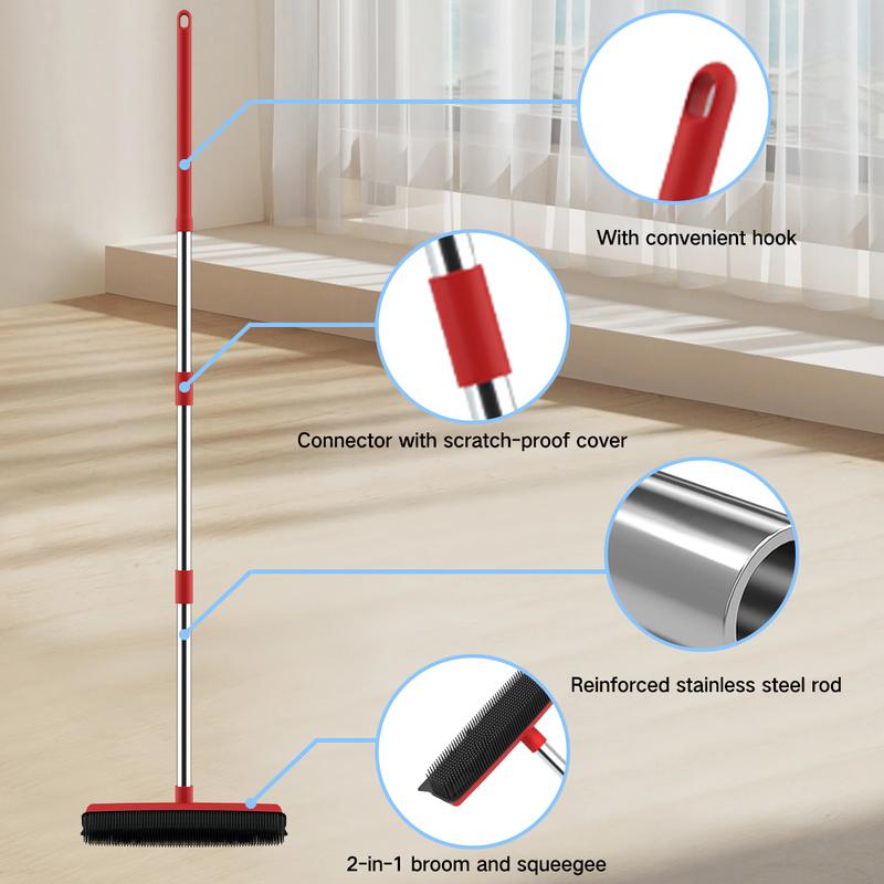 Multi-Functional Pet Hair Removal Broom with Squeegee Edge Adjustable Long Handle Soft Bristles for Indoor Outdoor Multi-Surface Carpet Cleaning Tool Shedding Grooming Kit