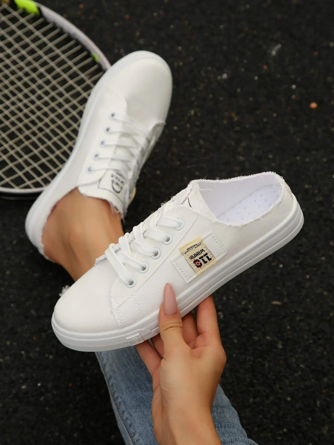 Women's Canvas Sneakers, Streetwear Shoes, Slip-On Low Top Casual Shoes, Lace-Up Backless Mule Flats, Comfortable Breathable Walking Shoes, Neutral Casual Trainers