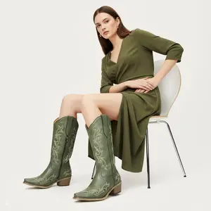 UTIFU Vintage Sage Green Mid-calf Cowgirl Boots with Bold Western Embroidery & Stacked Wooden-look Block Heel for Rodeos & Music Festivals