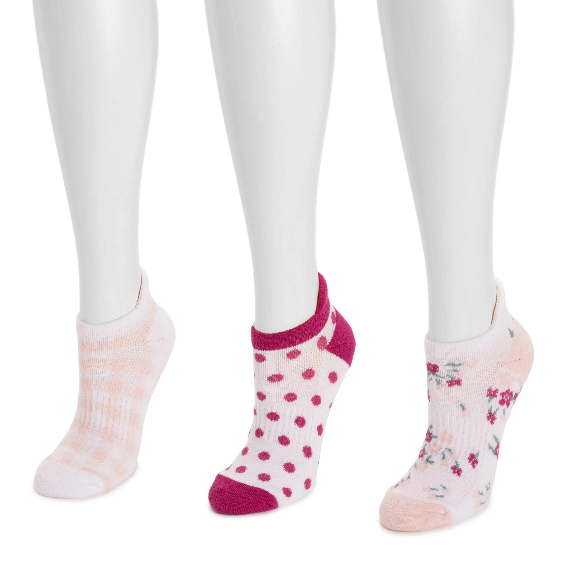 Women's 3-Pack Cotton Spandex Compression Ankle Socks, Ribbed Ankle Height, Arch Support, Blister Guard, Snug-Fitting, Pink Meadow Mix, Bundle Ankle Socks, Feminine Ankle Socks