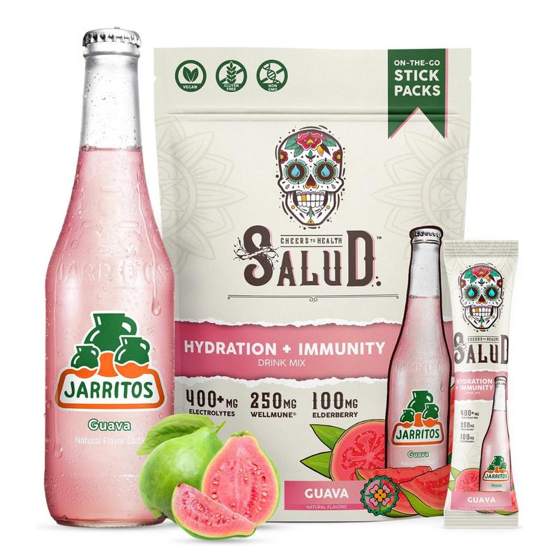 Salud x Jarritos 2-in-1 Hydration Packets + Immunity Electrolytes Powder, Guava - Agua Fresca Drink Mix, Elderberry, Dairy & Soy Free, Non-GMO, Gluten Free, Vegan, 1g Sugar (15 Servings)