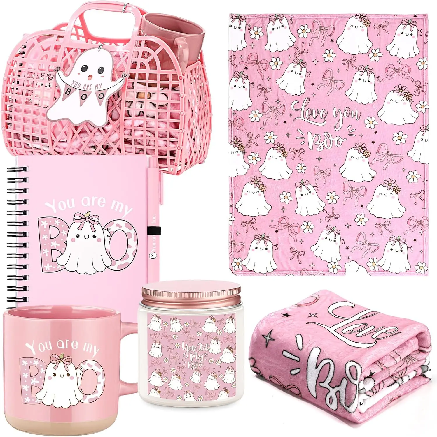 Halloween fall Gift 7-Piece You're My Boo Valentine's Day Gift Basket Set for Girlfriend – Pink Ghost Mug, Blanket, Journal, Candle, Pen, Card & Tote Bag