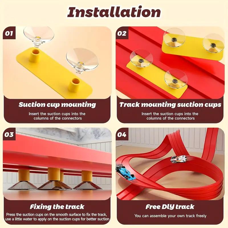 Flexible Race Car Track set - 15ft roll-Up Track with 4 Mini Cars & Suction Cups | Compitable with Hot Wheels & Diecasr Vehicles , Portable Indoor Racing Toy for Kids