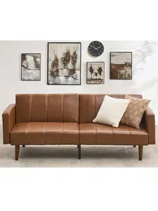 75" Futon Sofa Bed, Mid-Century Modern Futon Couch, Convertible Sleeper Sofa With Adjustable Backrest, Loveseat, Small Sofa With Side Pockets, PU Leather Sofa Couch For Living Room, Brown