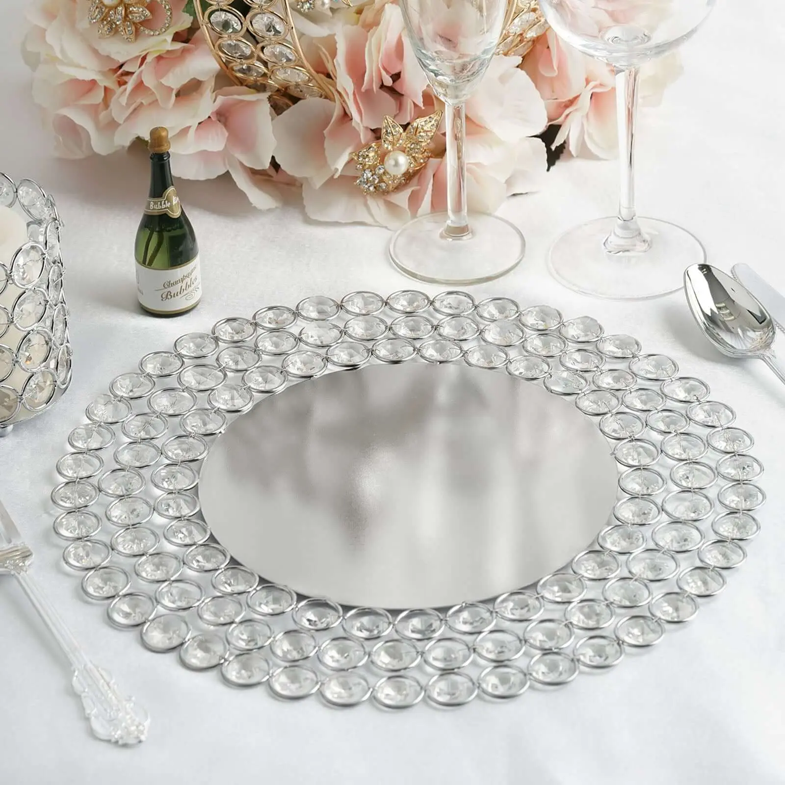 14-in Silver Wired Metal Round Service Plate with Acrylic Crystal Beads, Contemporary Glossy Kitchen Tableware, Reversible (Can Use Either Side), Glamorous Crown-Pairing Decor