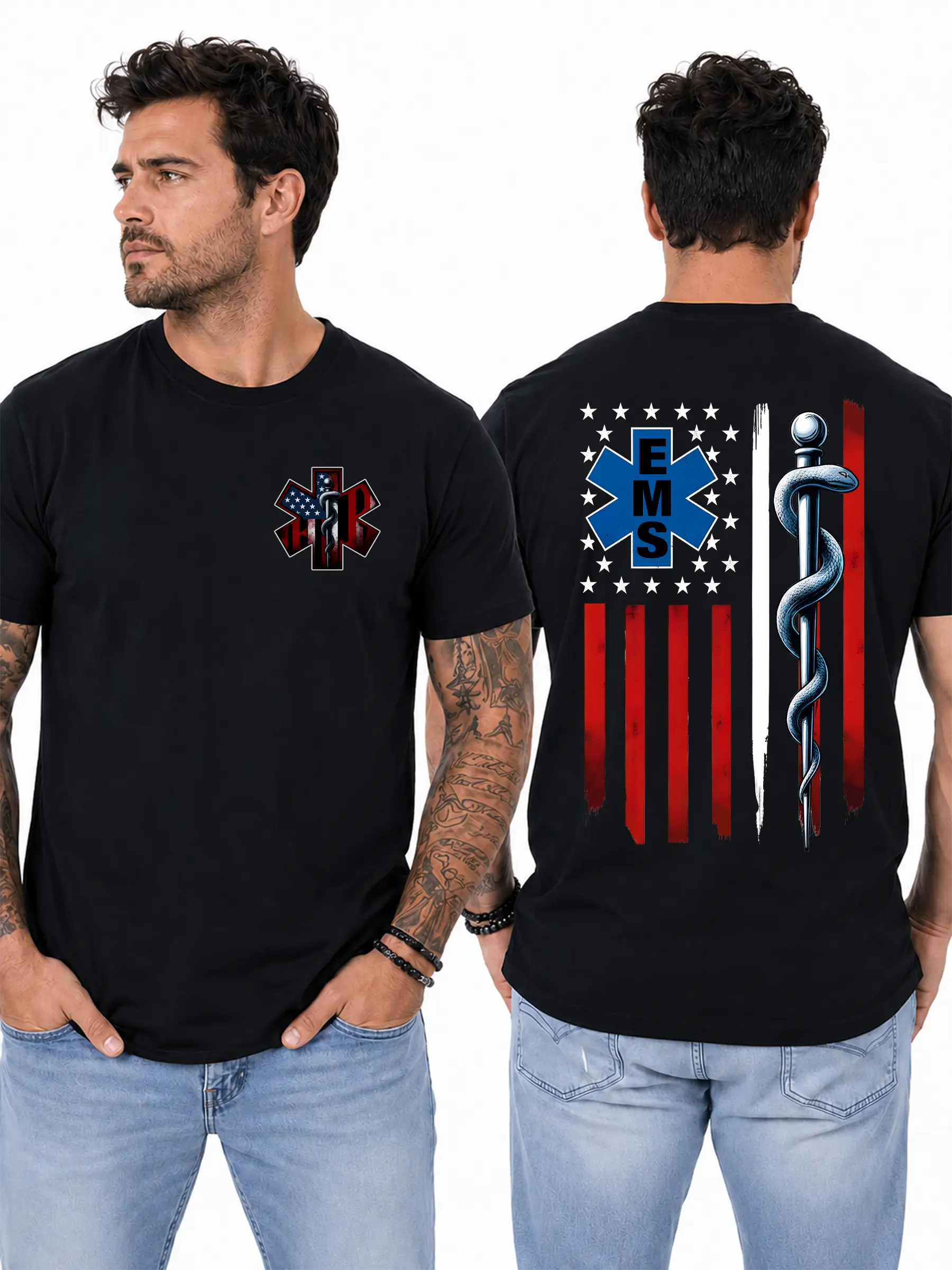 Women's Short-Sleeve Cotton Round Neck Tee Top - EMS Red Line T-Shirt with American Flag, Caduceus Rod Graphics for Paramedics, Emergency Medical Responder Gift