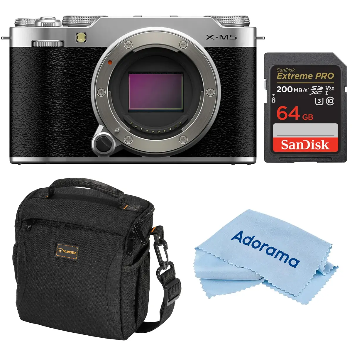 Fujifilm X-M5 APS-C Sensor Digital Mirrorless Camera (Silver, 3" LCD) - Vlogging/Streaming Equipment Bundle with 64GB Memory Card, Camera Case, Lens, USB-C Port, Built-In Li-Ion Battery