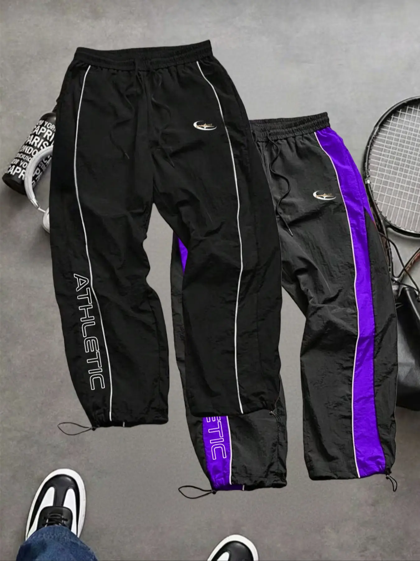 Men's Fashion Casual Sportswear Pants, Unique Print, Taslon Fabric, Lightweight Breathable, Side Stripes, Drawstring Waist, Adjustable Elastic Cuffs, Athletic Running Pants, Casual Comfy Sporty