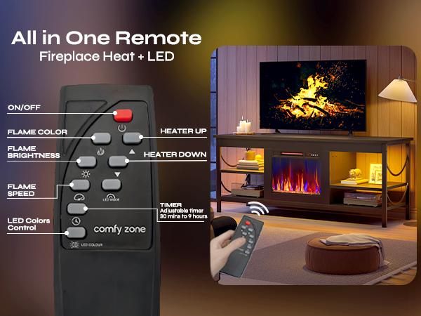 Pinmoco Electric Fireplace TV Stand for TVs up to 65", LED Entertainment Center with Open Storage Shelves for Living Room, Bedroom