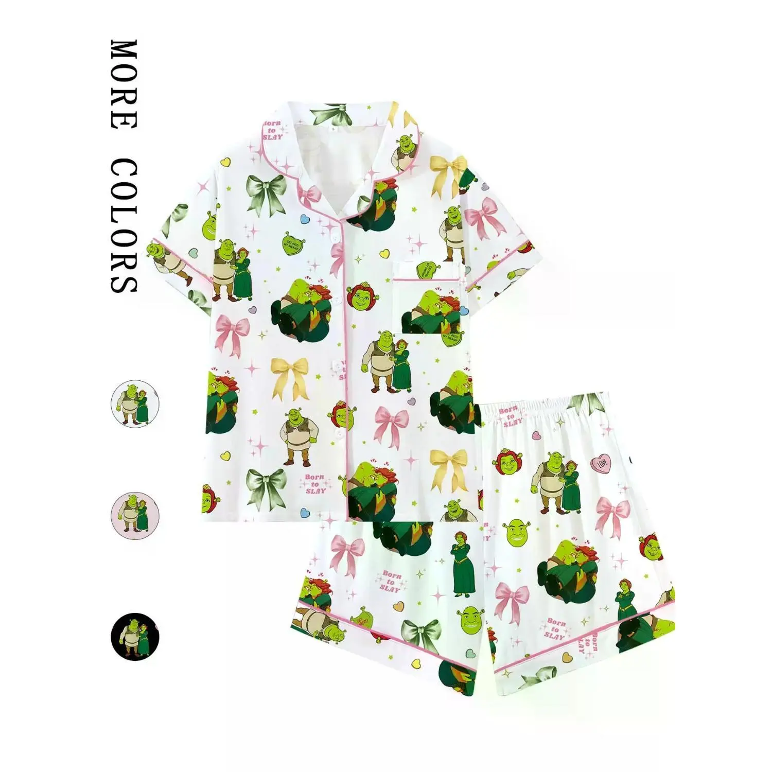 "Charming Shrek Cartoon Print Pajama Set with Bow Collar - Comfortable Short Sleeve Sleepwear for All Seasons, Ideal Princess Fiona Gift - Relaxed Fit Loungewear"