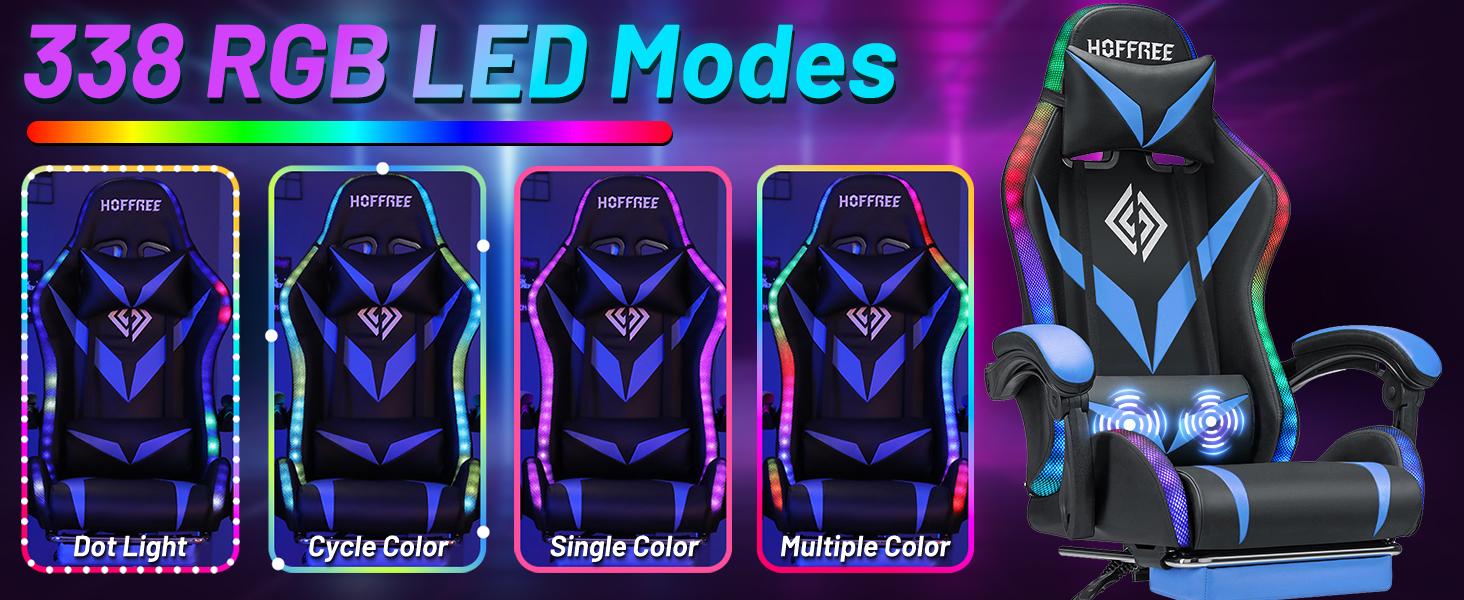 HOFFREE Gaming Chair with LED Lights & Massage | Bluetooth Speakers, Footrest & Adjustable Recline