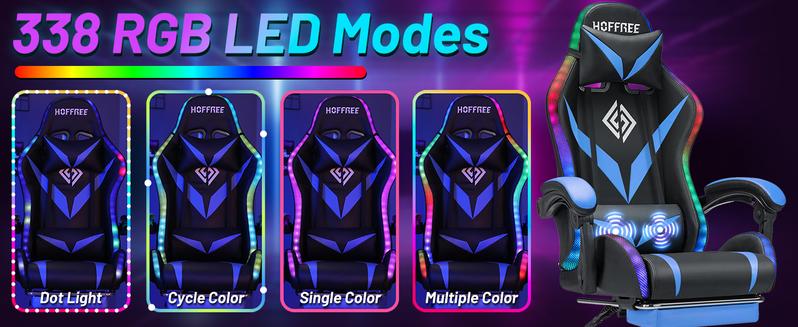 HOFFREE Gaming Chair with LED Lights & Massage | Bluetooth Speakers, Footrest & Adjustable Recline