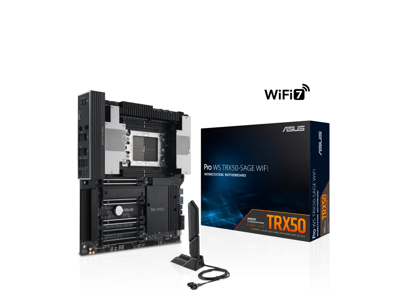 ASUS Pro WS TRX50-SAGE WIFI CEB Workstation motherboard, AMD Ryzen™ Threadripper™ PRO 7000 WX-Series Processors,ECC R-DIMM DDR5, 36 power-stage, WiFi 7,PCIe 5.0 x 16, PCIe 5.0 M.2, 10 Gb and 2.5 Gb LAN, multi-GPU support.