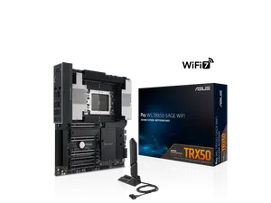 ASUS Pro WS TRX50-SAGE WIFI CEB Workstation motherboard, AMD Ryzen™ Threadripper™ PRO 7000 WX-Series Processors,ECC R-DIMM DDR5, 36 power-stage, WiFi 7,PCIe 5.0 x 16, PCIe 5.0 M.2, 10 Gb and 2.5 Gb LAN, multi-GPU support.