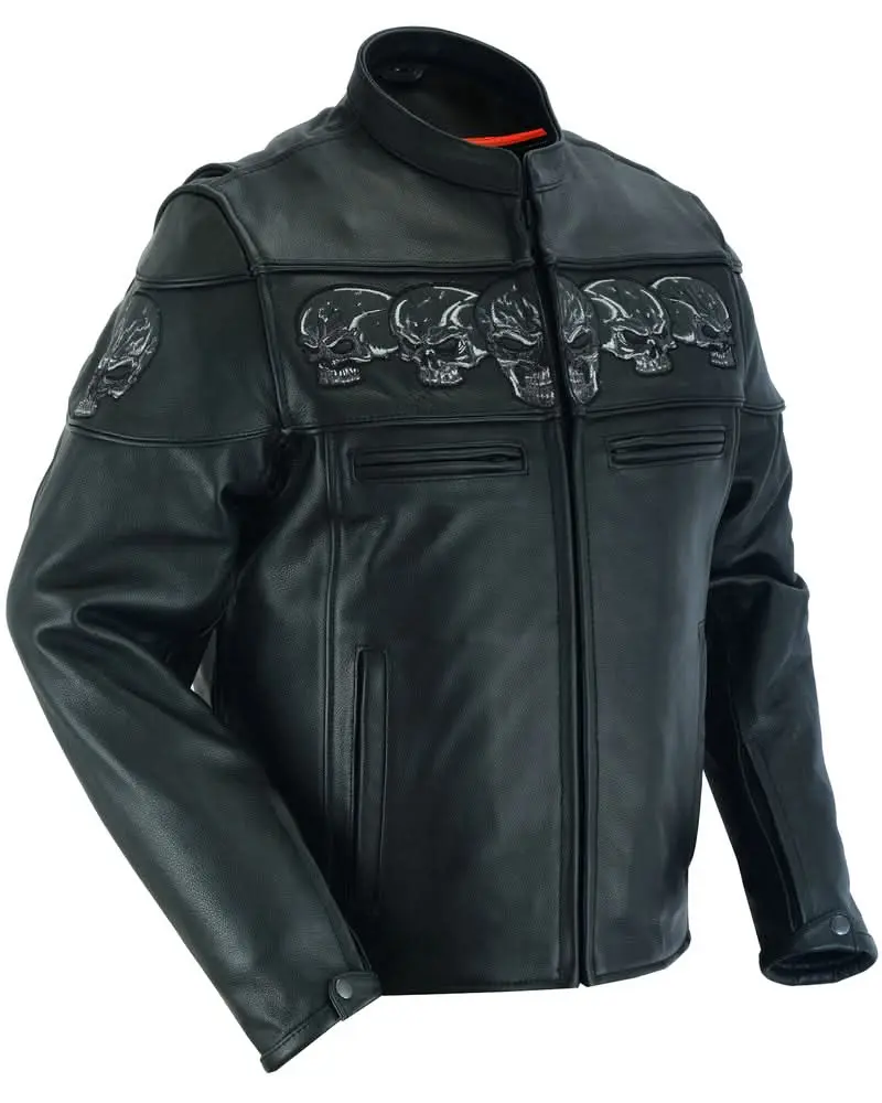 RENEGADE CLASSICS Men's Black Reflective Skulls Real Leather Scooter Jacket