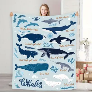 Ocean Whale Dolphin Flannel Blanket - Soft Warm and Cozy Blue Theme Blanket for Sofa/Bed/Travel, Perfect Gift, High Quality
