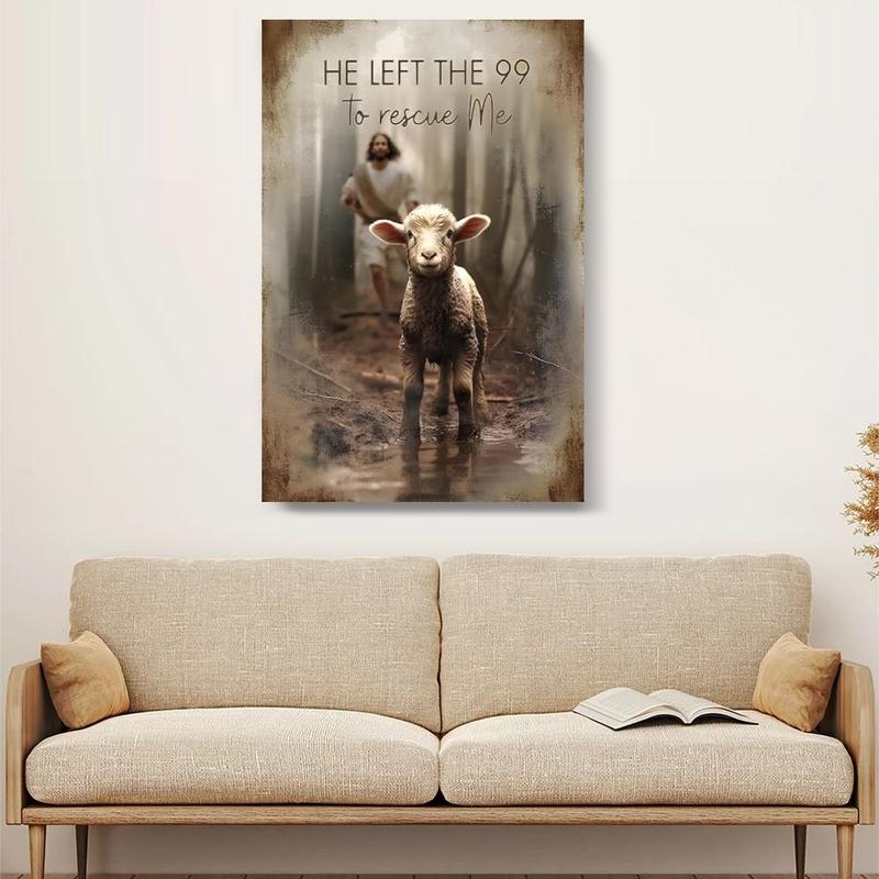 2D flat canvas wall art, framed, 1 piece — Jesus and the Lost Lamb, religious allegory scene, vintage oil painting style, canvas poster for room wall decor, ideal gift for bedroom, living room, hallway, dorm, ready to hang