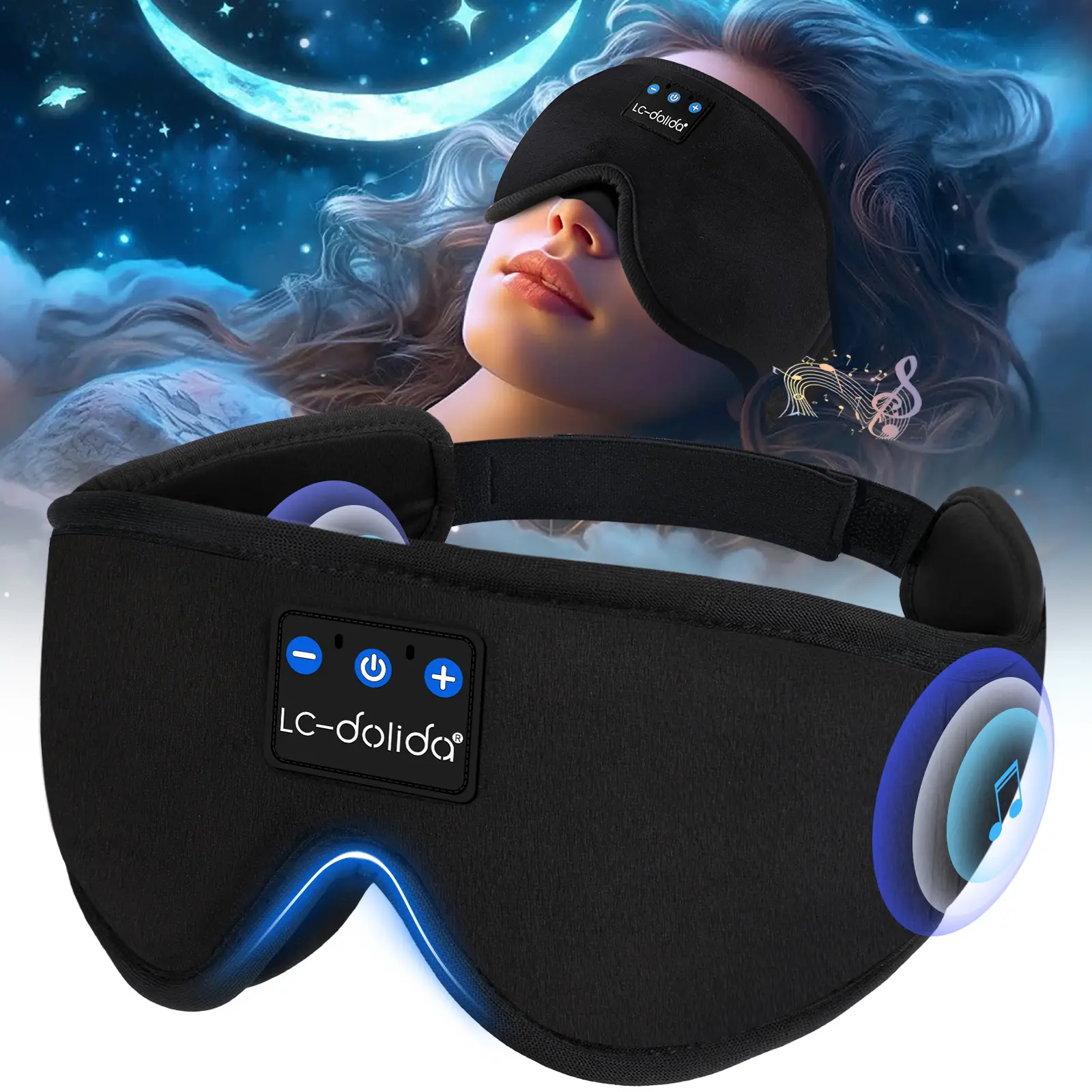 LC-dolida Sleep Headphones, 3D Sleep Mask Bluetooth Wireless Music Eye Mask, Sleeping Headphones for Side Sleepers Sleep Mask with Bluetooth Headphones Ultra-Thin Stereo Speakers Perfect for Sleeping