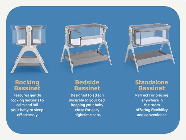 HARPPA 3-in-1 Rocking Baby Bassinet & Bedside Sleeper, Height Adjustable Crib,  Baby Bassinet with Wheels & Storage Basket, Sleeping Cot, Baby Essentials