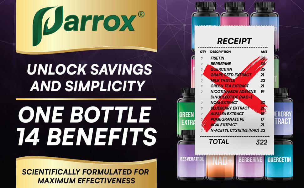 PARROX Resveratrol Supplement - 14 in 1 Dietary Supplement for Anti-Aging Support with NAD+, Berberine, & More - Made in USA - 60 Capsules