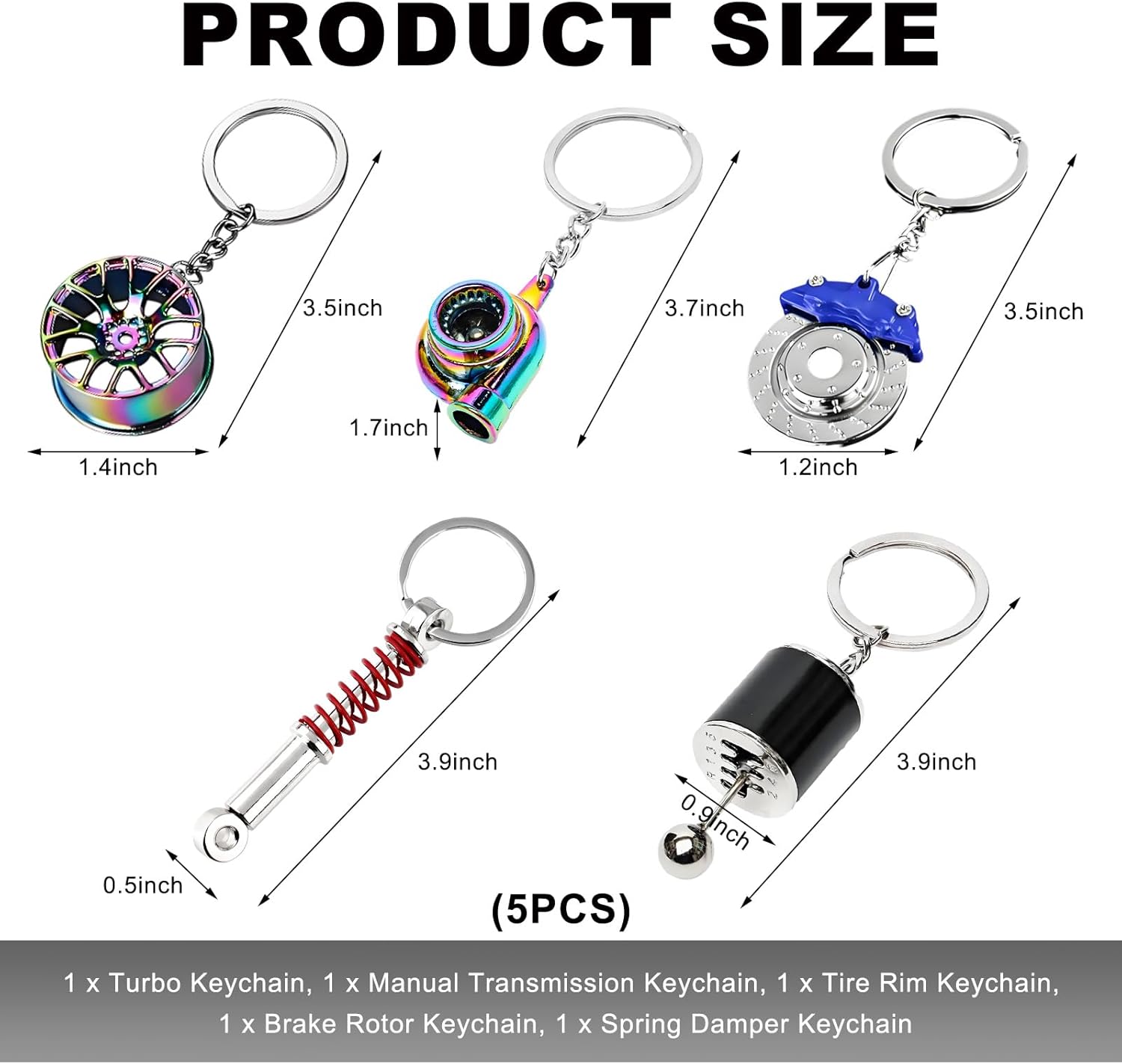 5 PCS Car Parts Model Key Chains Metal Turbo Keychain Set Trendy Shock Absorbent Car Parts Key Chain for Men Women Blue Black