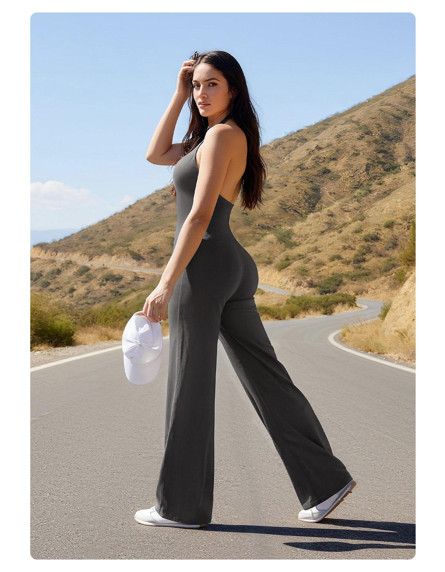 YEOREO Women's Wide Leg Sleeveless Yoga Jumpsuit Romper with Adjustable Fit & Hidden Scrunch for Glute Support Greenish