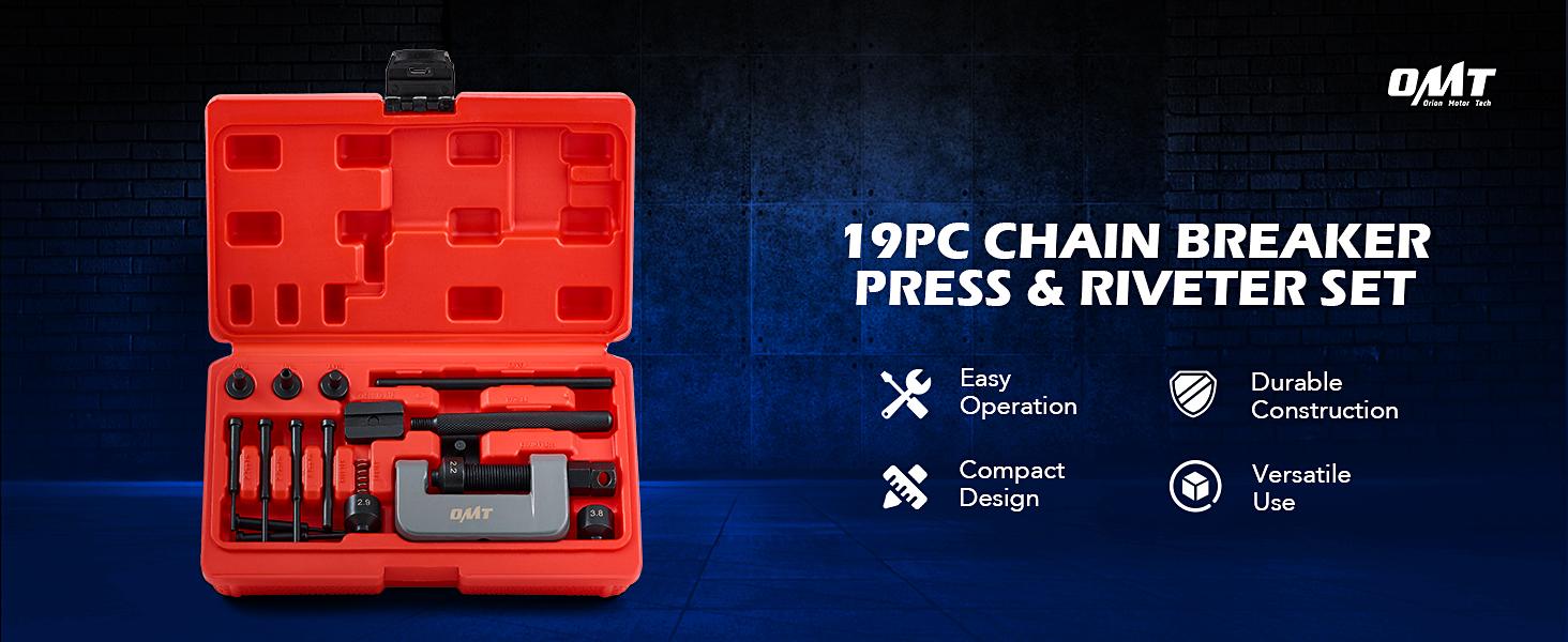 Orion Motor Tech 19pc Chain Breaker Tool Kit with C Frame 3 Anvils 5 Break Tips, Dirt Bike ATV Motorcycle Chain Breaker Chain Link Removal Tool Chain Repair Tool for Cam and 25 to 630 Chains Red/Bule , Limited Time Deal