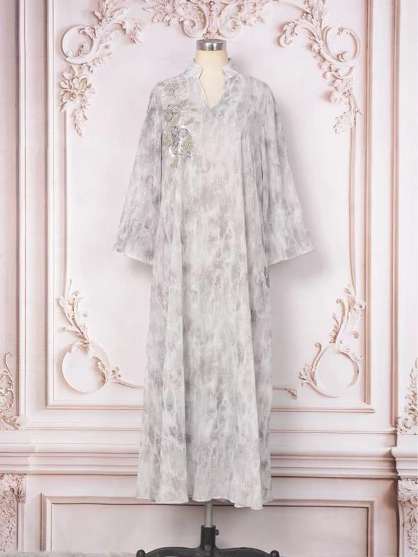 Luxury Marble-Style Abaya Dress | Loose Fit, Rhinestone Detail, Modest Long Sleeve