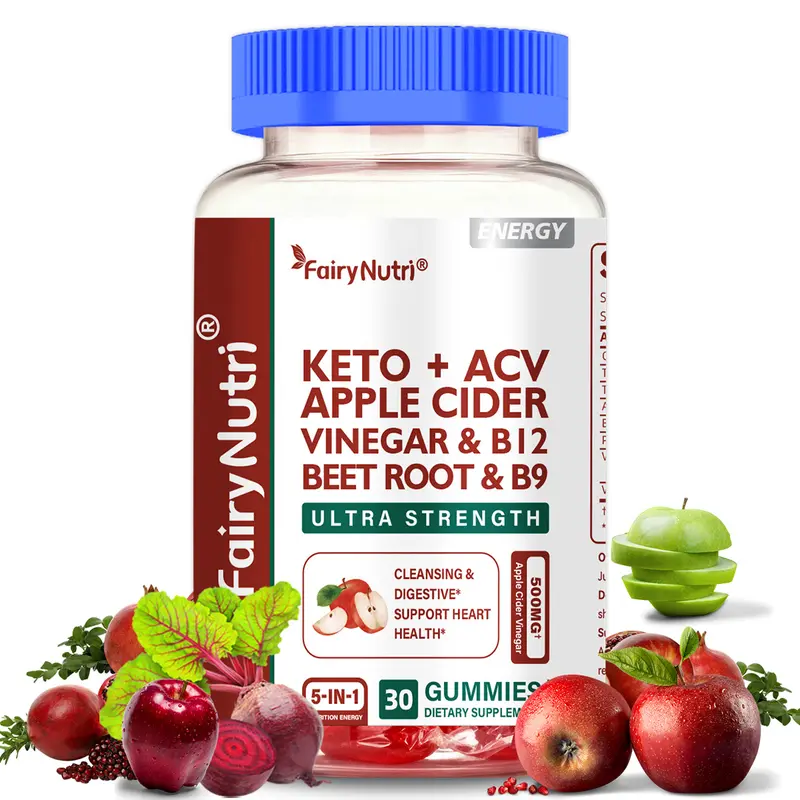 FairyNutri Keto + ACV Gummies, 5-in-1 Apple Cider Vinegar Gummies with Beet Root, Pomegranate, Vitamin B12 & B9, Supports Gut Health, Detox & Energy, 500mg ACV, 30 Gummies