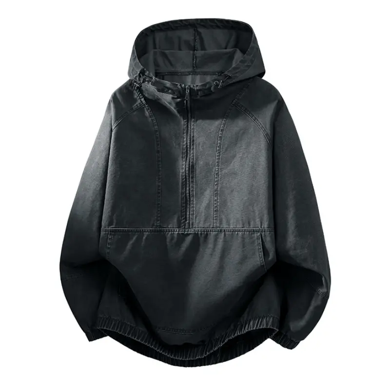 Men's Vintage Washed Half-Zip Hooded Anorak Jacket,  Drop Shoulder Pullover Coat With Kangaroo Pocket, Durable Casual Outerwear For Outdoor Hiking Students Daily Commute