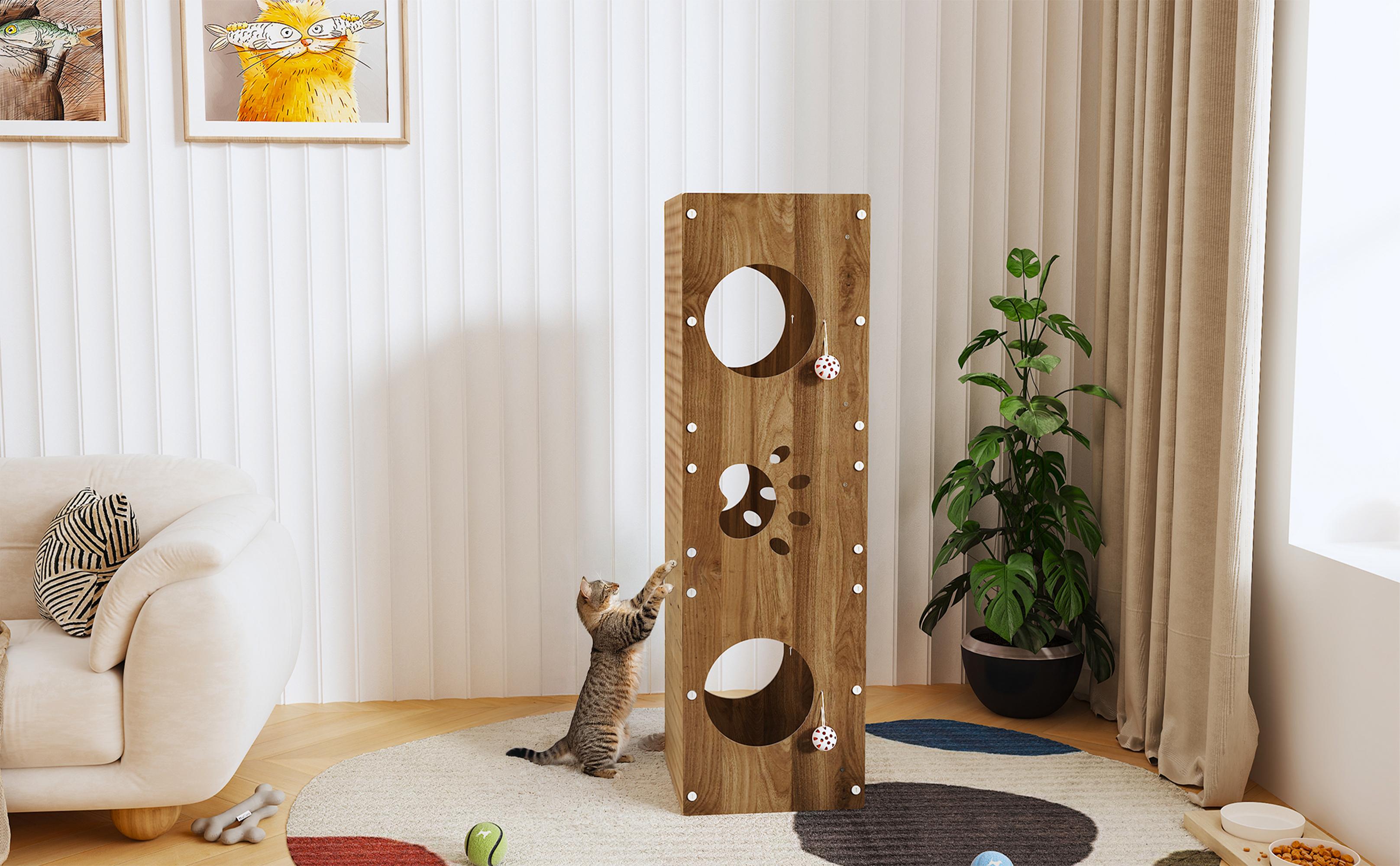 IRONCK Large Wooden Cat House & Scratcher with Ball Toy | Durable Pet Furniture for Indoor Cats, 2-in-1 Playhouse & Cat Bed