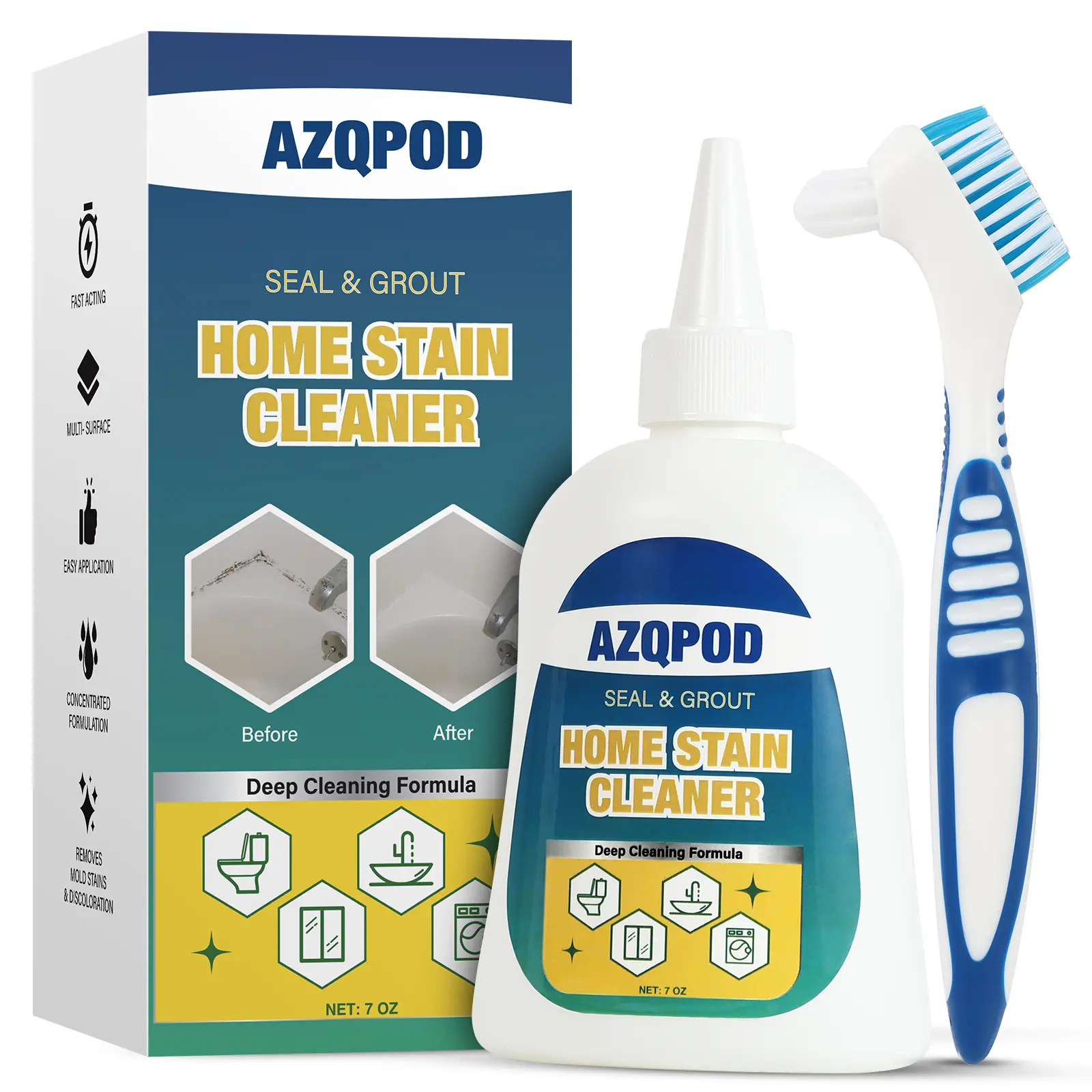 AZQPOD & BUBCLEAN Mold Remover Gel with Scrub Brush - Heavy Duty Household Deep Cleaning House Supplies for Black Spot Removal, Deep Mold Whitening, Musty Dirt Elim - 7 Fl Oz Cleaner for Washer Gasket, Shower Caulk, Shower Caulk Clean