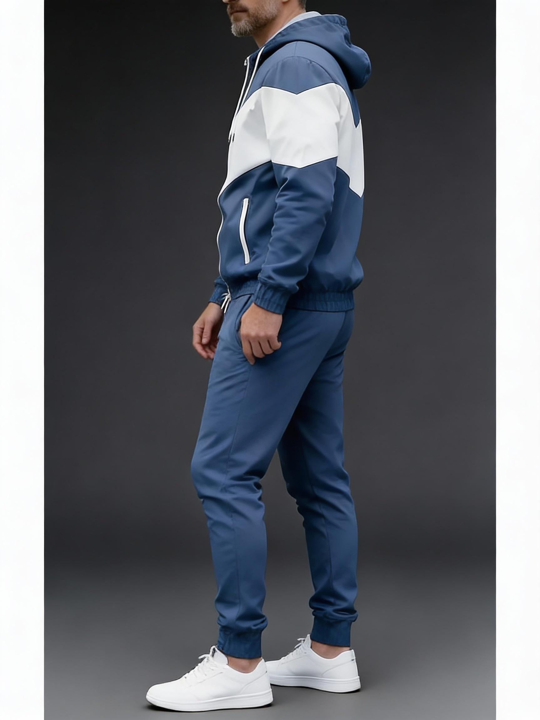 Stylish Contrast Color Block Tracksuit for Men Full Zip Hooded 2-Piece Casual Sportswear for Daily Leisure Activities Blue & White