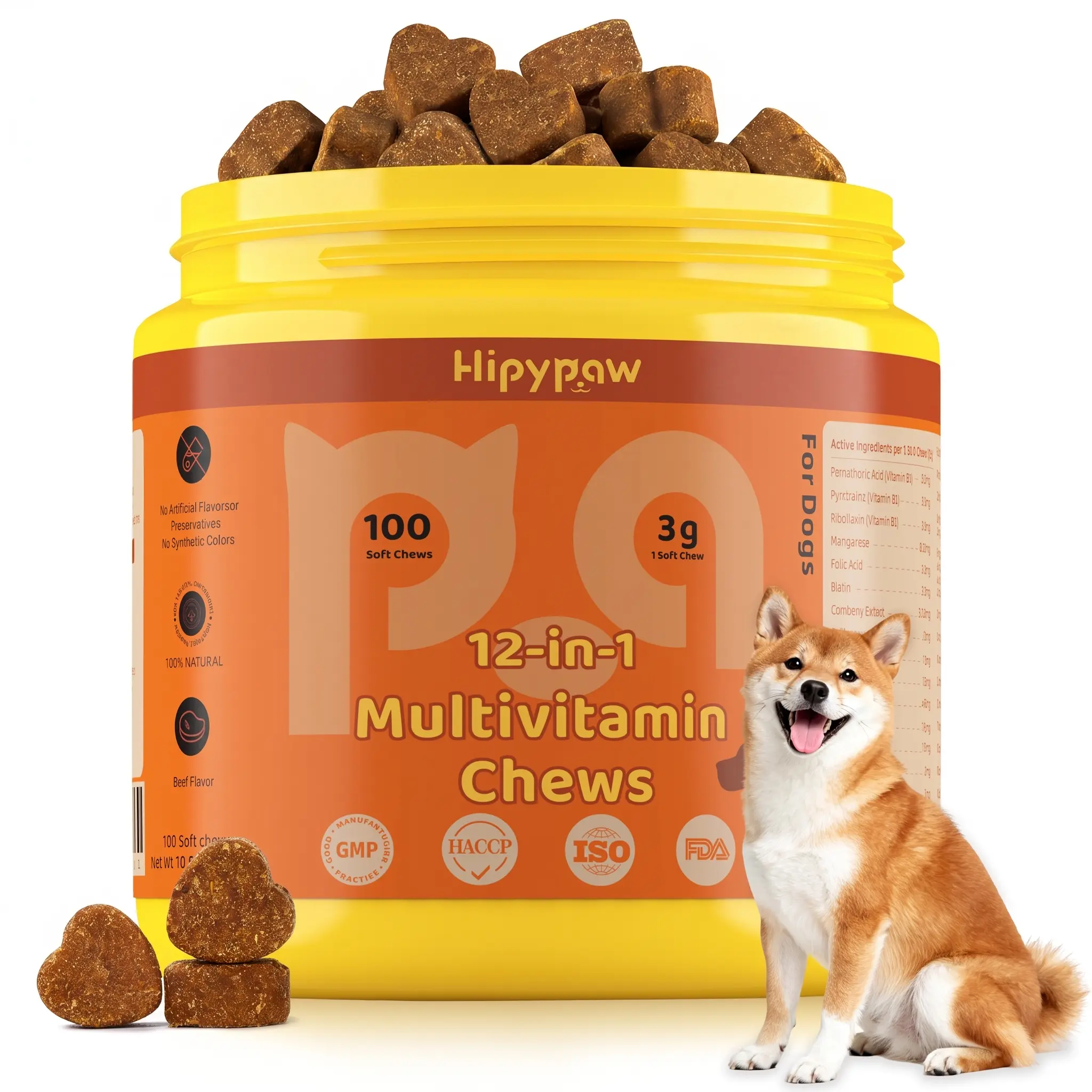Hipypaw 12-in-1 Multivitamin Soft Chews for Dogs | Advanced Daily Wellness Supplement with Glucosamine, Probiotics & Vitamins | Supports Mobility, Skin & Digestive Health | Beef Flavor