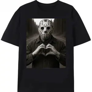 Trek Gear Lab  T-Shirt  Funny Jason Horror Character Selfie Halloween Meme Tee, Jason Heart Hands Shirt, Retro Horror Character Tee Menswear Top
