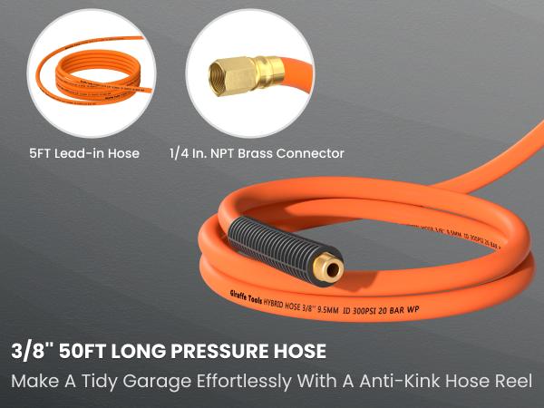 Giraffe Tools Retractable Air Hose Reel-Alloy Steel Reel-3/8in x50 FT Hybrid Air Hose Max 300 PSI,Wall Mount Heavy Duty Double Arm Steel Reel