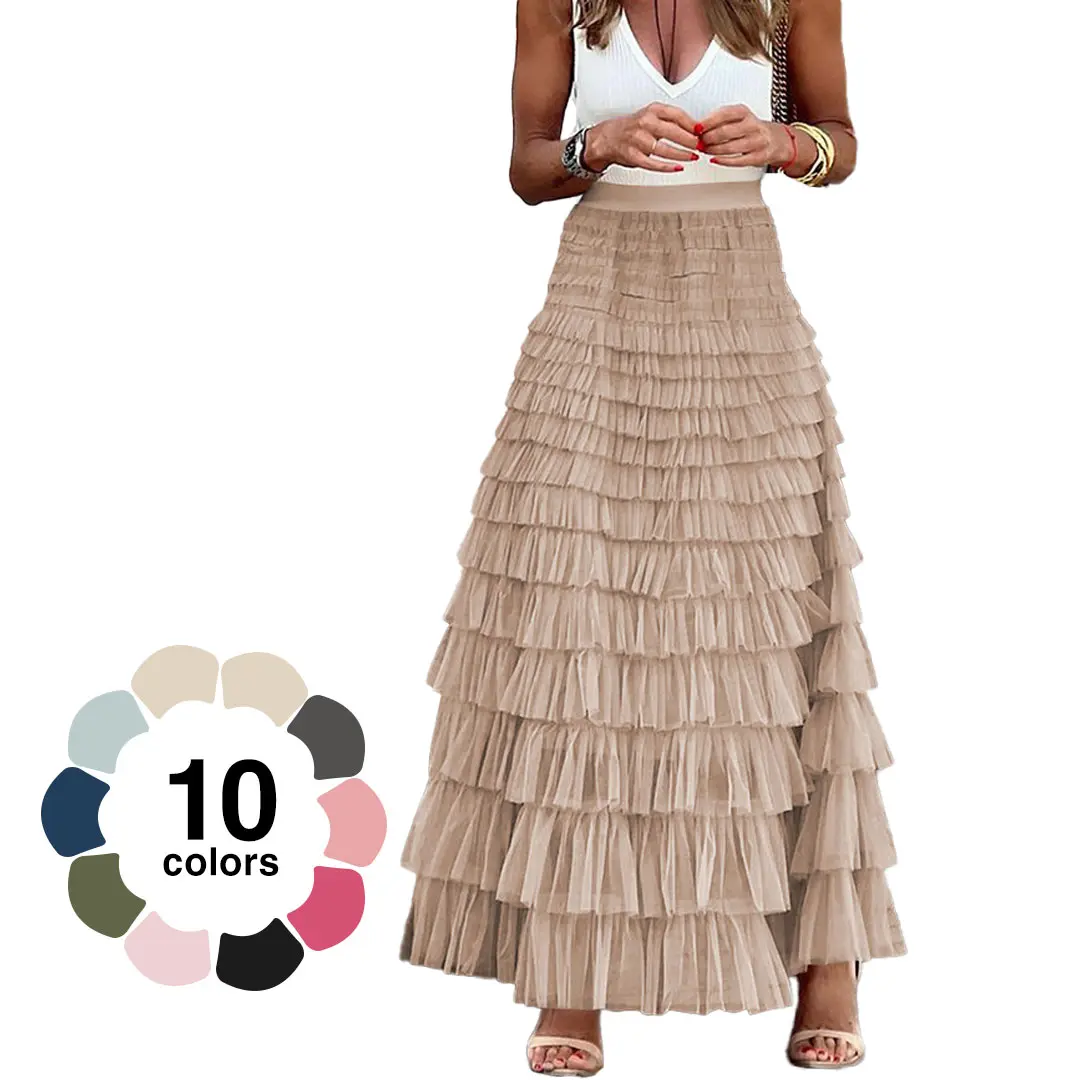 Women's High-Waisted Fitted A-Line Tulle Maxi Skirt - Ruffled Tiered Mesh Tutu Bottom, Elegant Chic Summer Petticoat, Machine Washable Skirt, Machine Washable Skirts,back to school shopping