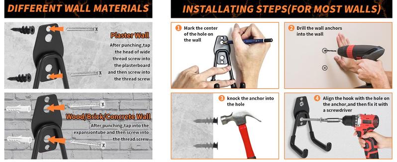 Steel Heavy Duty Garage Storage Hook Assorted Garage Hooks Bundle with Anti-Slip Coating for Organization. Anchors and Screw Included for Wall Mount