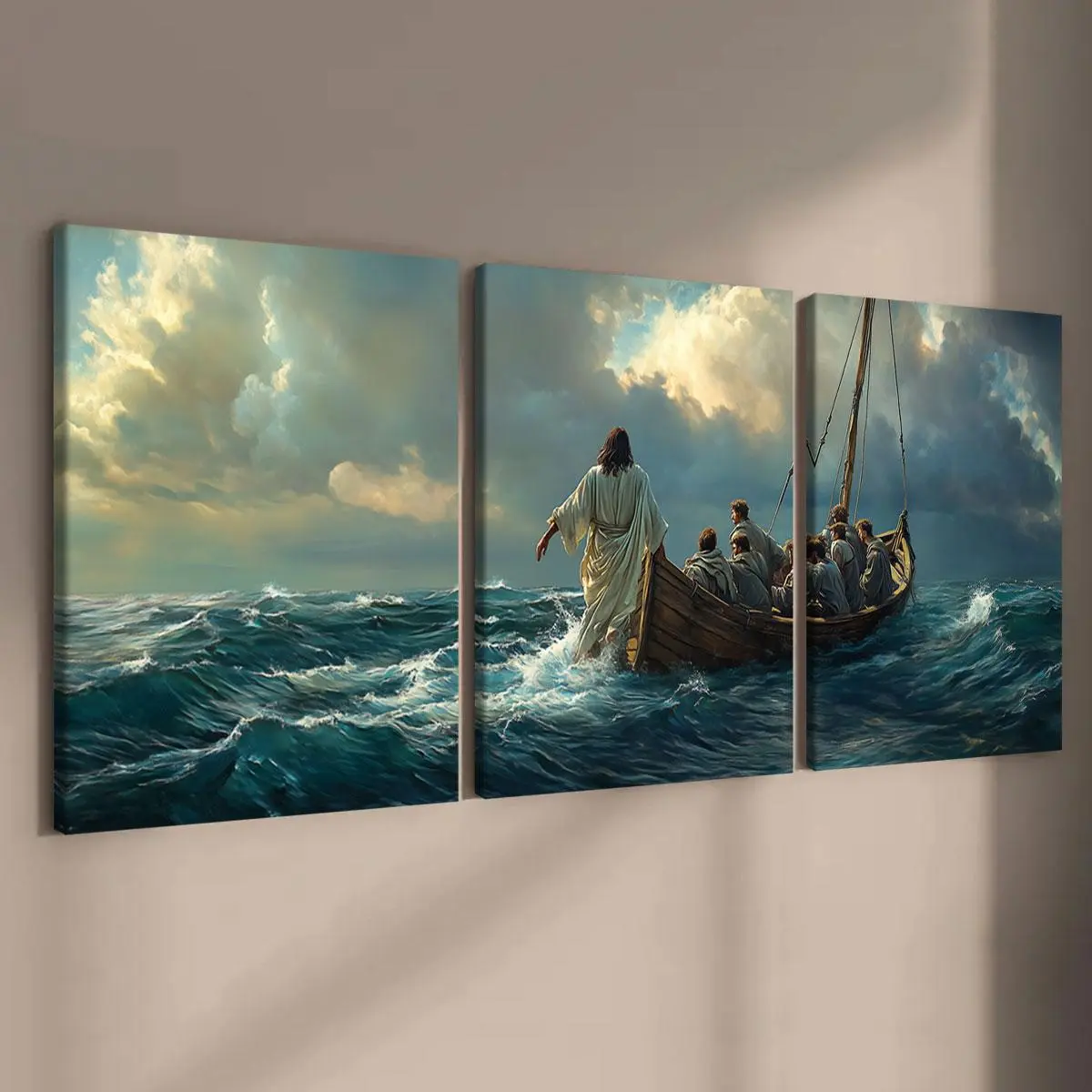 Jesus Walking on The Sea Canvas Painting Framed, 3 Counts/set Retro Figure Christ Jesus Religious Art Poster, Wall Art for Home Living Room Bedroom Office, Decor, Wall Picture Decor, Ocean Inspired Design, Canvas Prints