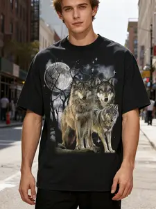Men's Heavyweight 100% Cotton Vintage 90s Wolf Pack Moon Night T-Shirt - Black Retro Wolf Print Crewneck Tee, Loose Fit Streetwear for Concerts, Halloween & Casual Wear - Machine Washable 90s Inspired Clothing