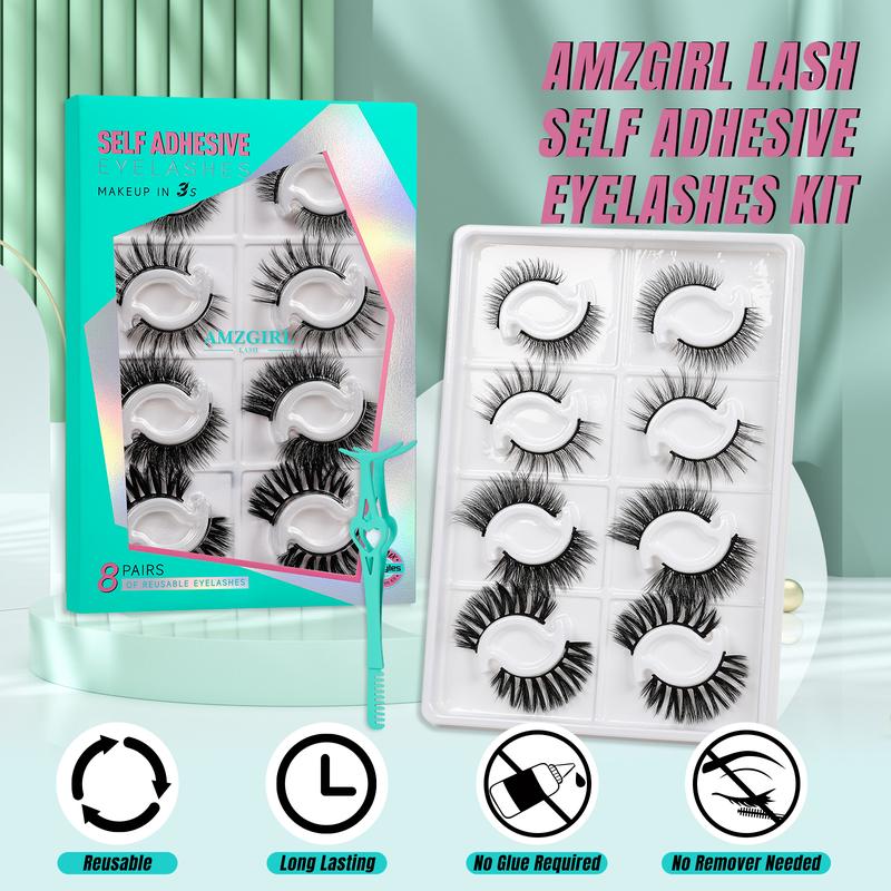 Amzgirl Self Adhesive Eyelashes Lash Clusters 8 Pairs No Glue Needed Reusable Adhesive Eyelashes with Tweezers （4 Styles,D Curl,8-17mix） Makeup Cosmetic