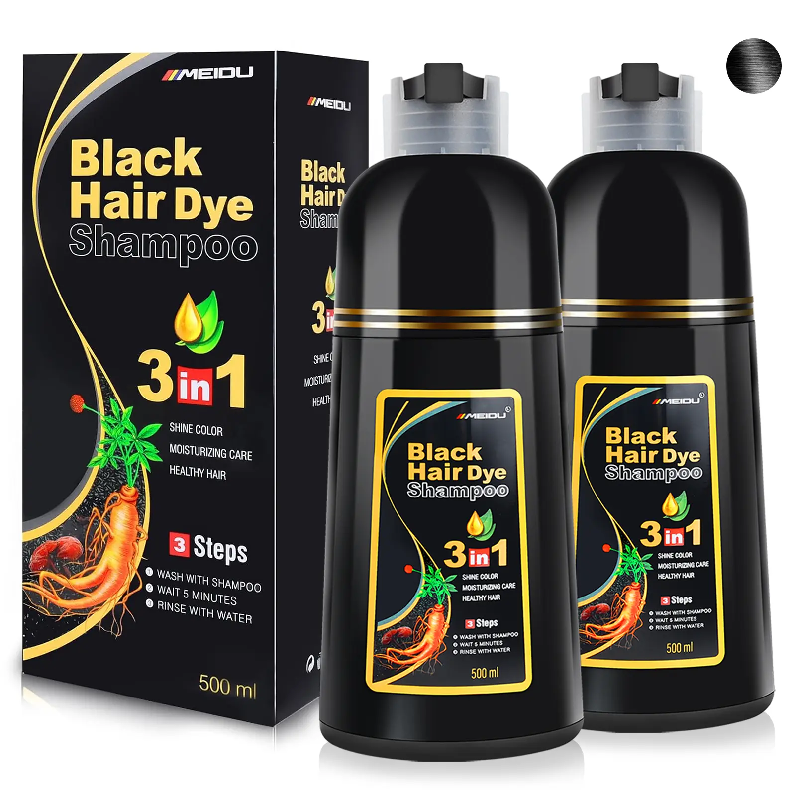 MEIDU 3-in-1 Herbal Hair Dye Shampoo with Ginseng Extract - Haircare, Cover Grey Hair, No Bleach Formula, At-Home Coloring Shampoo Semi-Permanent Color, No Bleach Hair Color,back to school