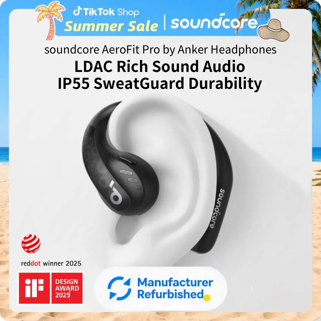 [Refurbished]soundcore by Anker AeroFit Pro Open-Ear Headphones, Ultra Comfort, Secure Fit, Ergonomic Design, Rich Sound with LDAC, Bluetooth 5.3, IP55 Water-Resistant, 46H Playtime, App Control, Wireless Earbuds, Headphones Bluetooth, On Ear, Audio, Wire