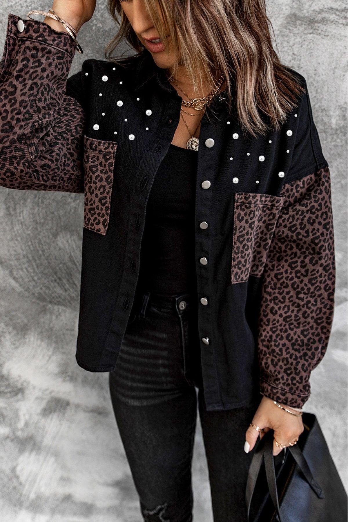 EMMA BLACK LEOPARD PATCHWORK BEADED CHEST POCKETS DENIM JACKET Cotton Casual Slim-fitting Plain Floral Striped Black White Summer