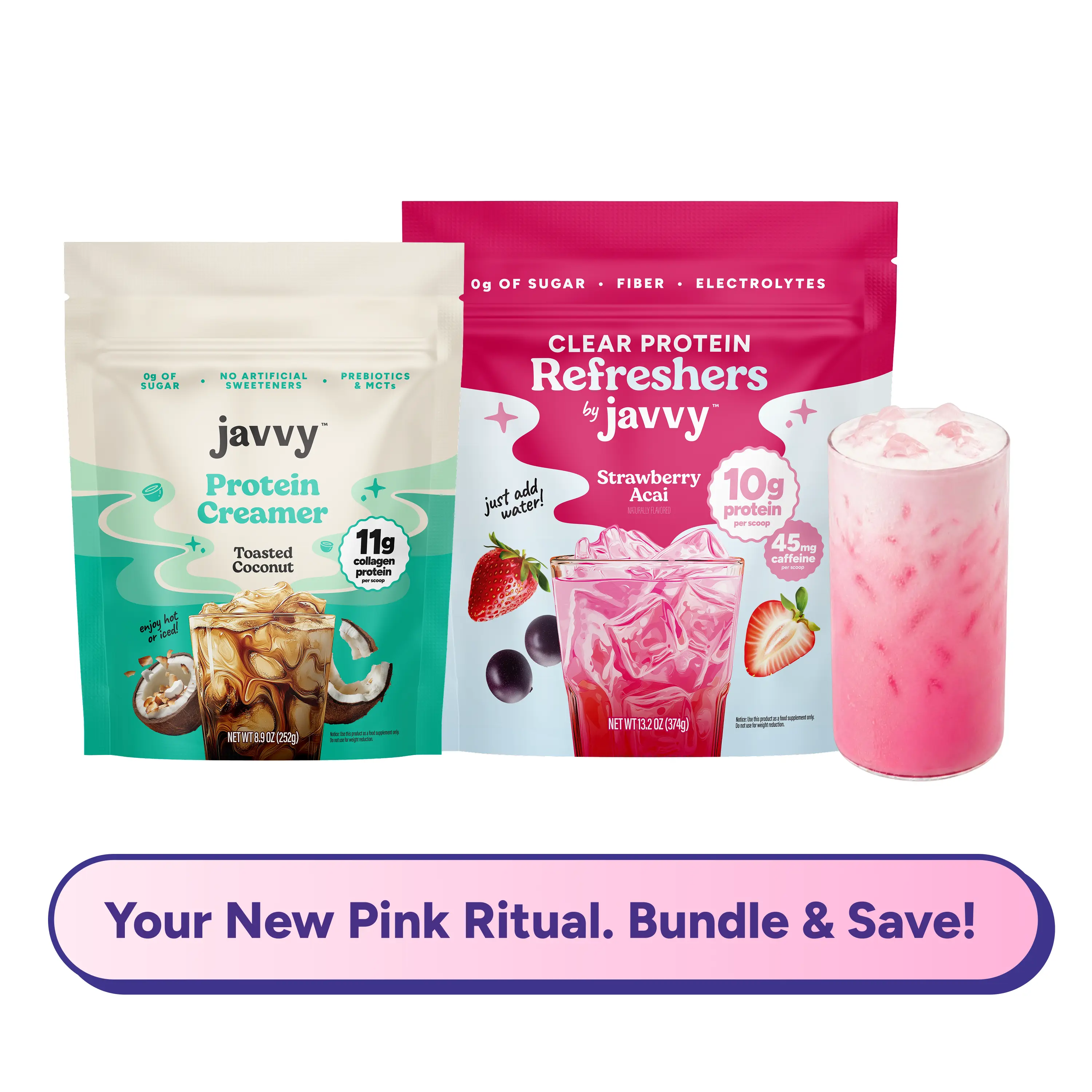Javvy Pink Protein Drink Bundle with Collagen - Strawberry Acai Refresher & Toasted Coconut Collagen Protein Creamer – Pink Strawberry Coconut Cream Refresher with Clear Whey, Electrolytes & Collagen – Keto Friendly, No Added Sugar