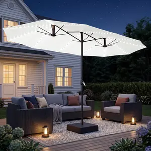 15ft Double-Sided Patio Umbrella with Solar Lights, Outdoor Rectangle Market Large Patio Umbrella with Base Include|Crank Handle|156 PCS LED Lights for Garden Pool(1.9" Pole)