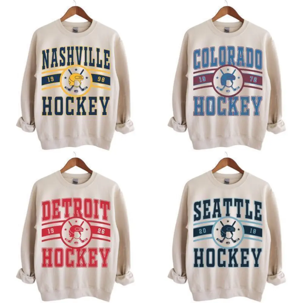 Vintage 90s All Team Hockey fan Sport Sand Sweatshirt, Retro All Team Hockey, Ice Hockey Shirts, Game Day Menswear Classic Fabric