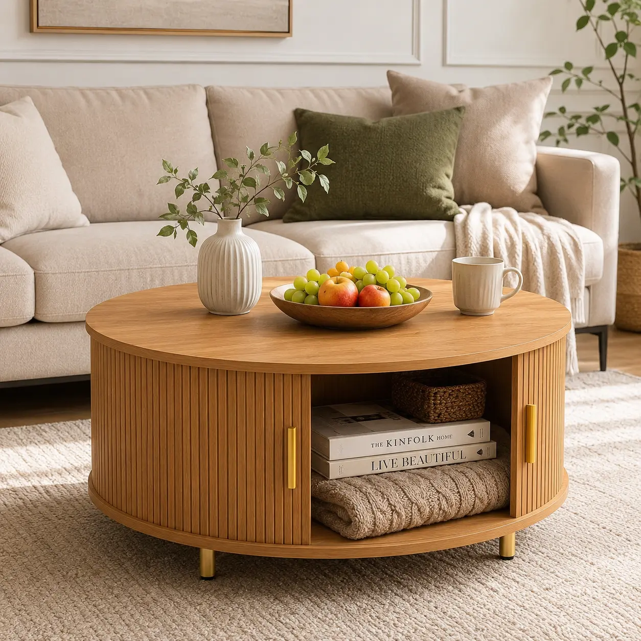 【Round Coffee Table】DHH 31.5-Inch Midcentury Modern Fluted Living Room Furniture with Tambour Sliding Doors, Hidden Storage, Metal Legs, Water-Resist Top, and Easy Setup, Dark Walnut